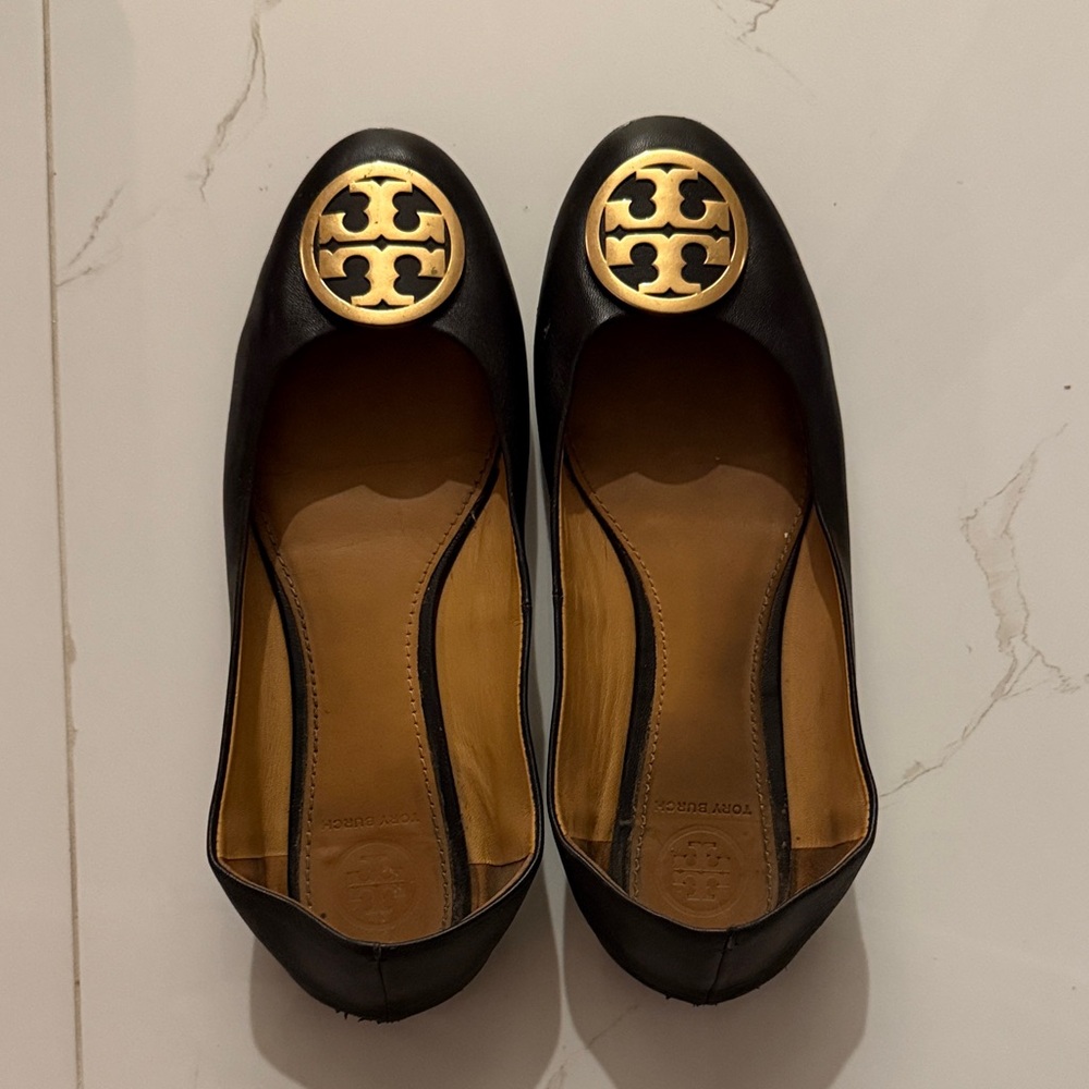 Tory Burch Black Flats with Gold Emblem
